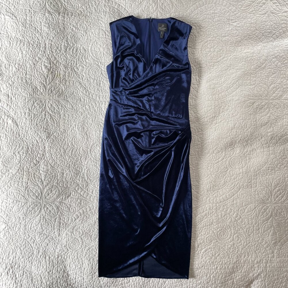 Adrianna Papell Navy Blue Velvet Faux Wrap Dress 6 Cocktail Wedding Guest Tulip